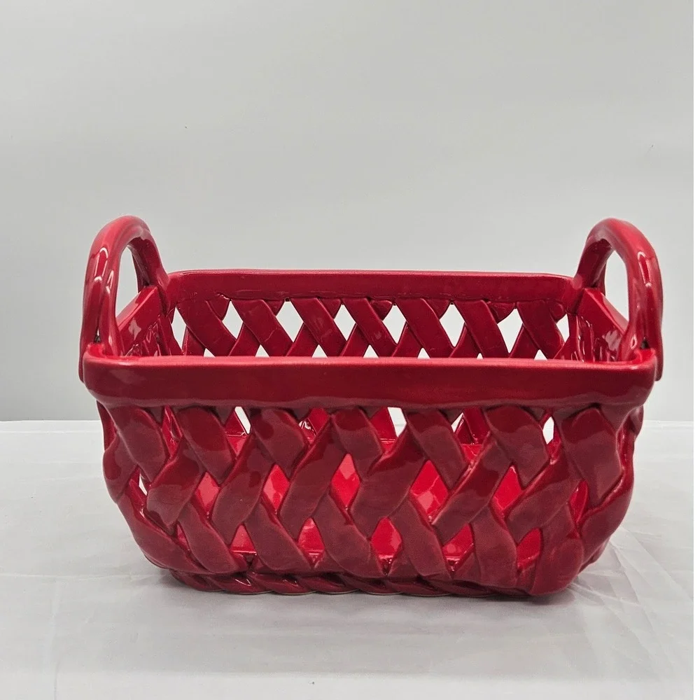 Grace's Pantry Red Ceramic Hand Woven Lattice Basket with Handles 9x6